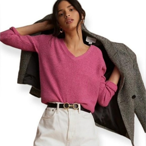 Anthropologie Maeve Cross Back Waffle Knit Sweater Fascia Pink Wool Blend XS - Picture 1 of 10